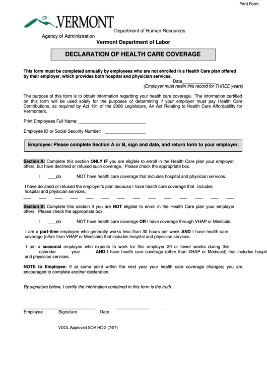Fillable Form Hc-2 - Declaration Of Health Care Coverage Printable pdf