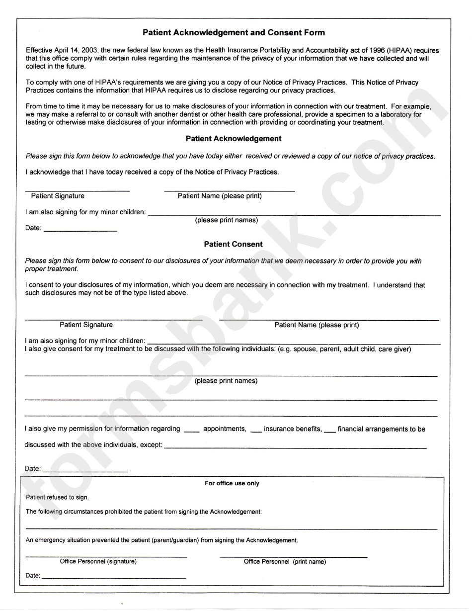 Patient Acknowledgement And Consent Form
