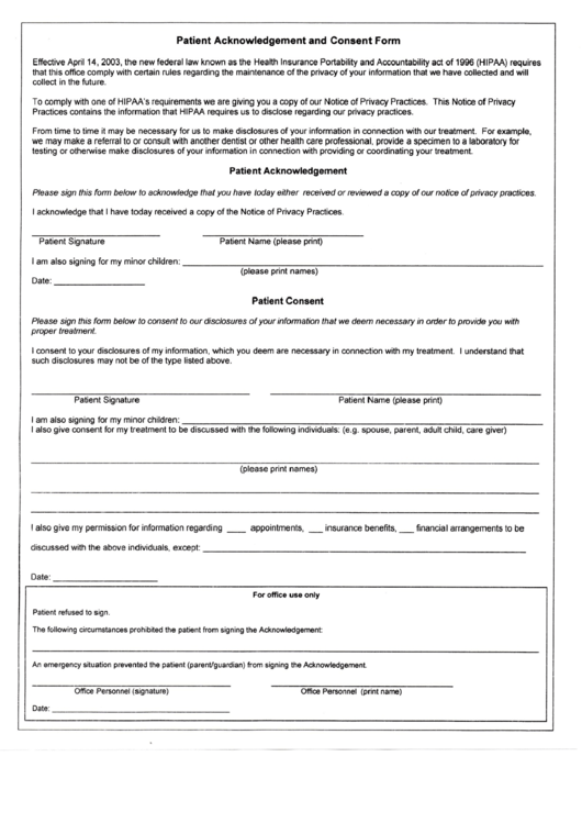 Patient Acknowledgement And Consent Form Printable pdf