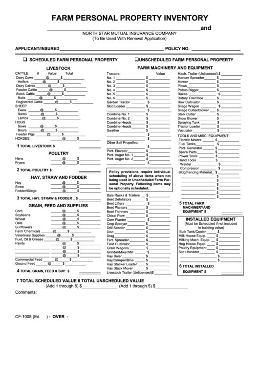 Fillable Farm Personal Property Inventory Form Printable pdf