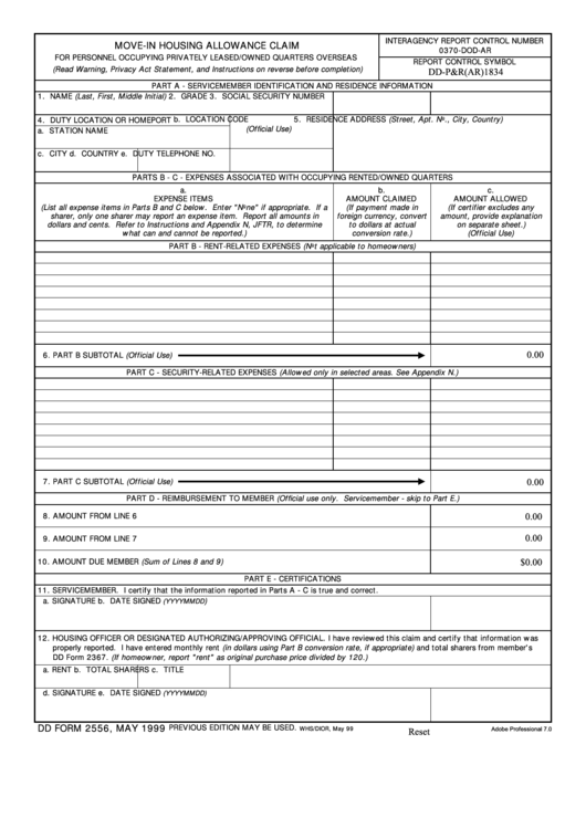 Fillable Dd Form 2556 - Move-In Housing Allowance Claim Printable pdf
