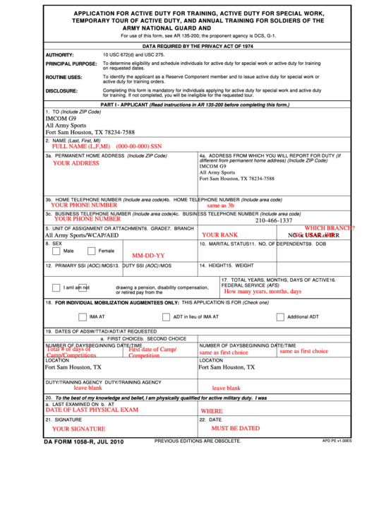 Da Form 1058-R - Application For Active Duty For Training, Active Duty For Special Work, Temporary Tour Of Active Duty, And Annual Training For Soldiers Of The Army National Guard And U.s. Army Reserve Printable pdf