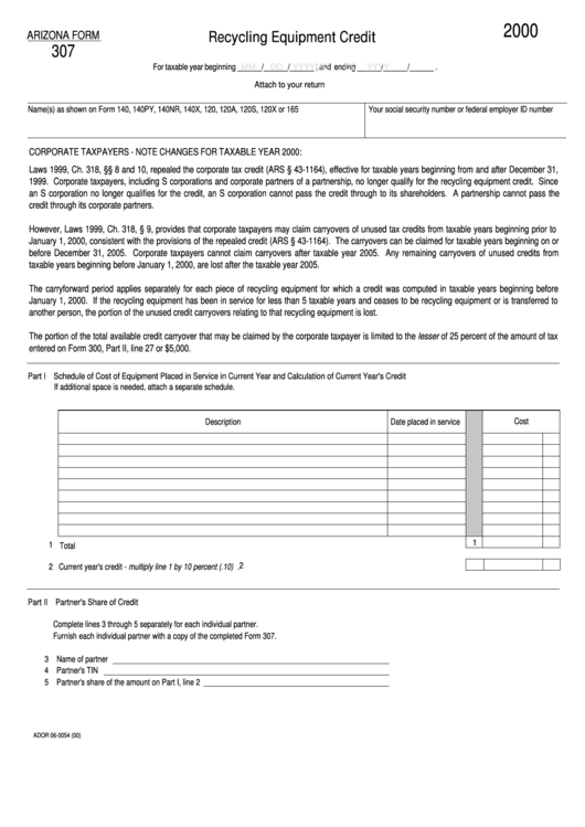Arizona Form 307 - Recycling Equipment Credit - 2000 Printable pdf