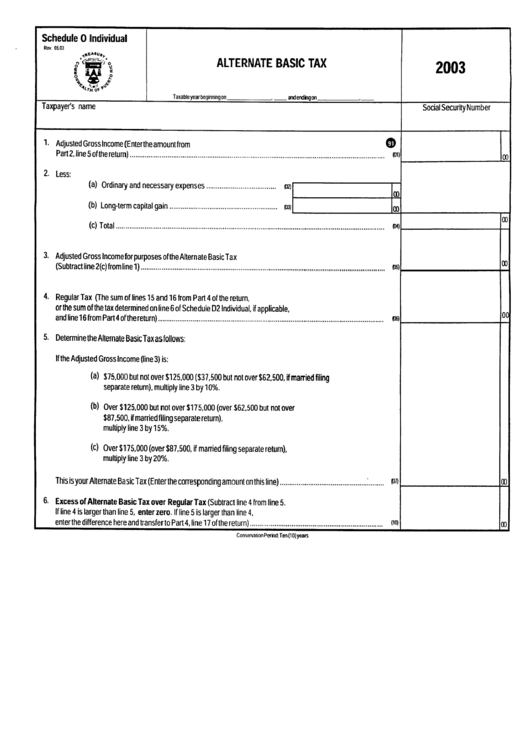 Schedule O Individual - Alternate Basic Tax - 2003 Printable pdf