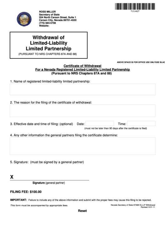 Fillable Form 87a88 Dlllp Withdrawal - Certificate Of Withdrawal For A Nevada Registered Limited-Liability Limited Partnership Printable pdf