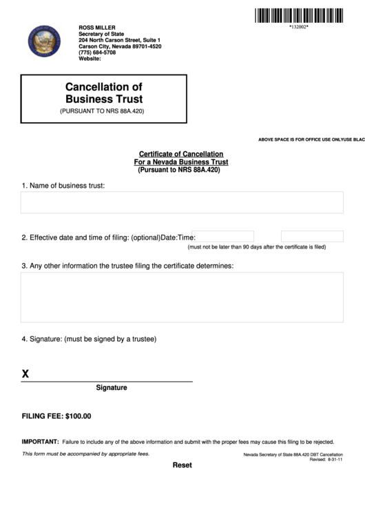 Fillable Certificate Of Cancellation For A Nevada Business Trust Form (Pursuant To Nrs 88a.420) Printable pdf