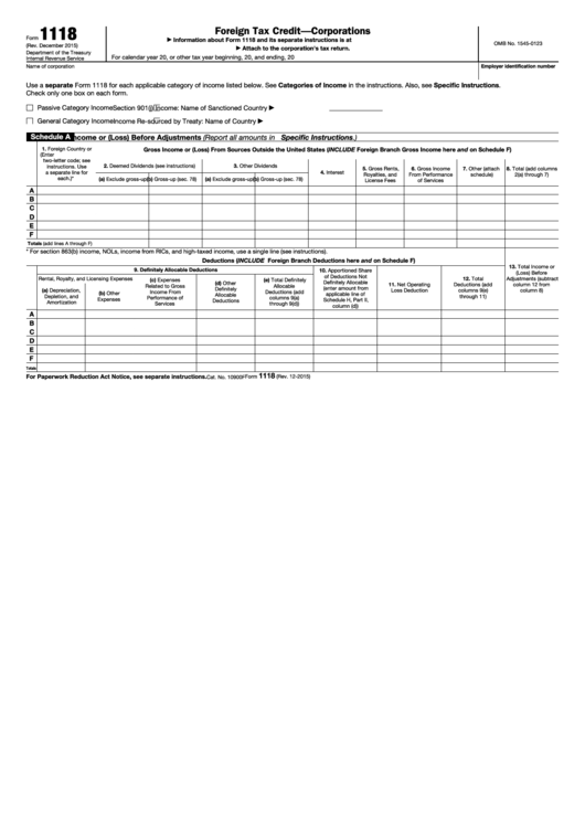 Fillable Form 1118 - Foreign Tax Credit-Corporations - Department Of The Treasury Printable pdf