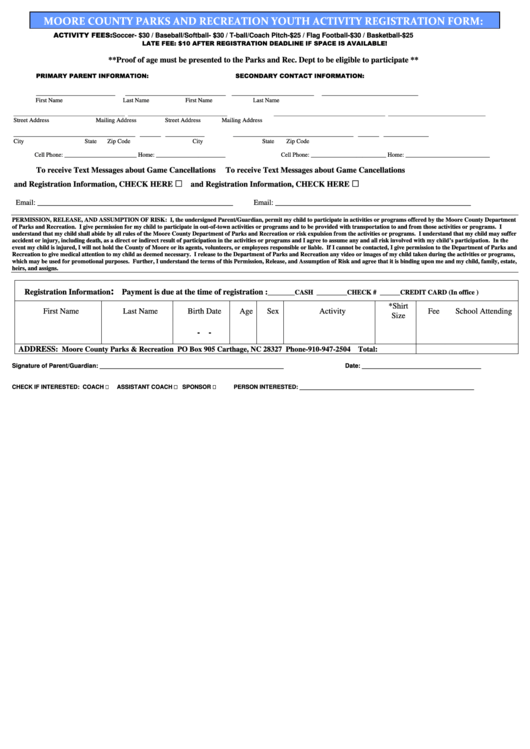 Moore County Parks And Recreation Youth Activity Registration Form Printable pdf
