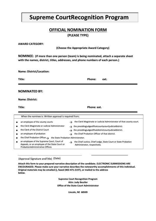 Fillable Official Nomination Form - Supreme Court Recognition Program - Office Of The State Court Administrator Printable pdf