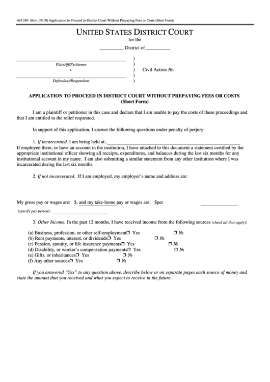 Fillable Form Ao 240 - Application To Proceed In District Court Without Prepaying Fees Or Costs (Short Form) - U.s. District Court Printable pdf