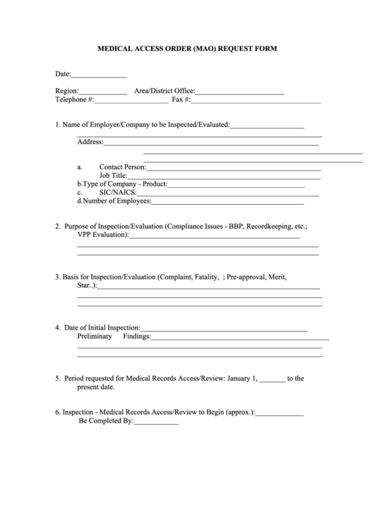 Medical Access Order (Mao) Request Form Printable pdf