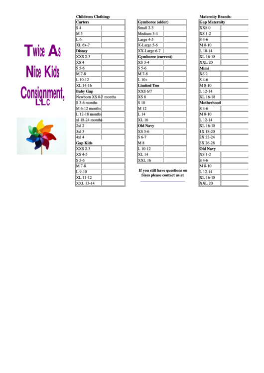 Twice As Nice Kids Consignmen Clothing Size Chart Printable pdf