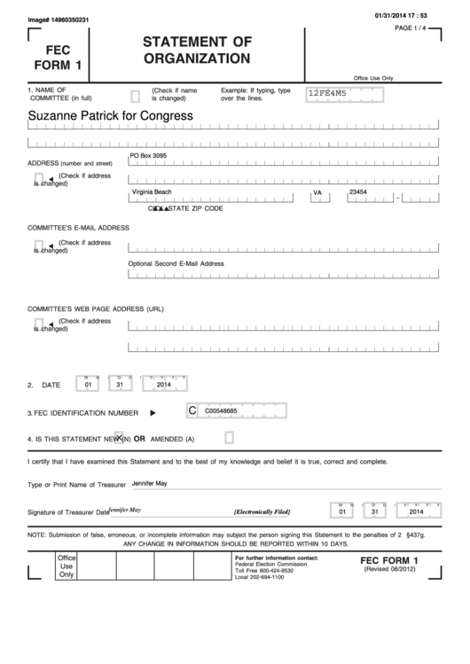 Fec Form 1 - Statement Of Organization Printable pdf