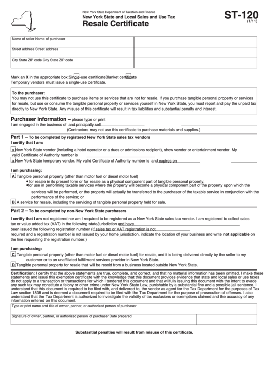 Fillable Form St-120 - Resale Certificate Printable pdf