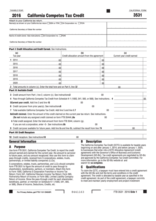 Fillable Form Ftb 3531 - California Competes Tax Credit - 2016 Printable pdf
