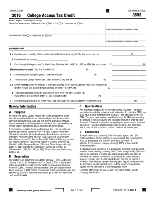 Fillable Form Ftb 3592 - College Access Tax Credit - 2016 Printable pdf