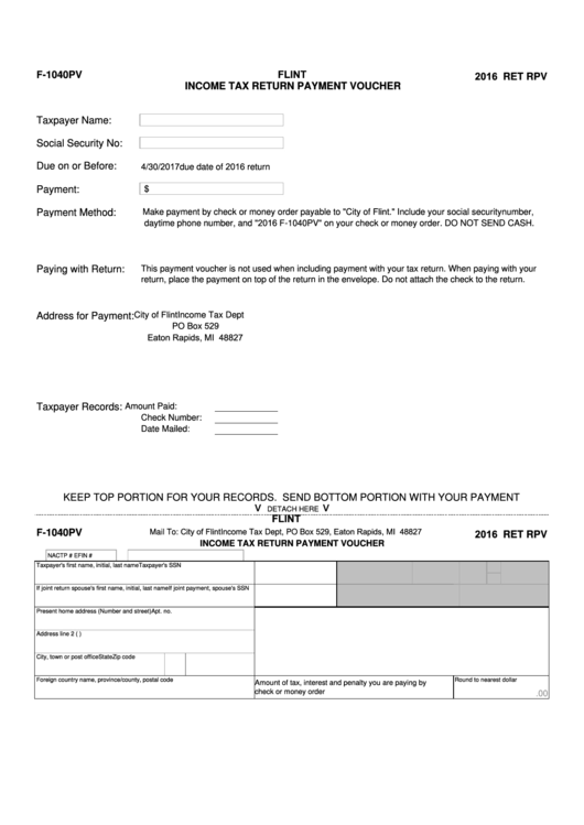 Form F-1040pv - Income Tax Return Payment Voucher - City Of Flint - 2016 Printable pdf