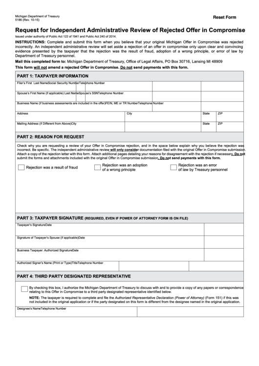 Fillable Form 5186 - Request For Independent Administrative Review Of Rejected Offer In Compromise - 2015 Printable pdf