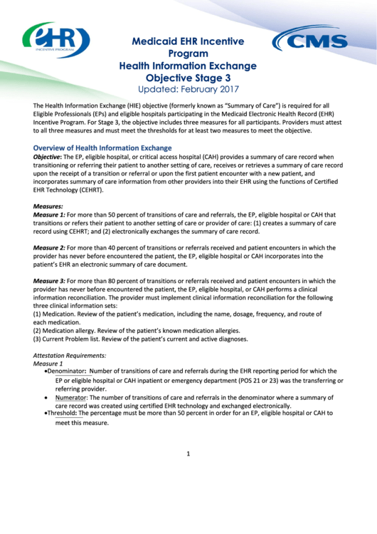 Medicaid Ehr Incentive Program Health Information Exchange - Objective Stage 3 - Centers For Medicare And Medicaid Services Printable pdf