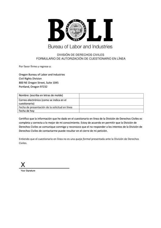 Formulario De Autorizacion De Cuestionario En Linea - Oregon Bureau Of Labor And Industries Printable pdf