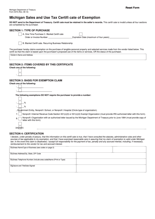Fillable Form 3372 - Michigan Sales And Use Tax Certifi Cate Of Exemption - 2012 Printable pdf
