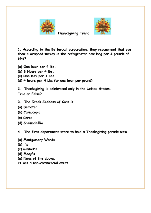 Thanksgiving Trivia Sheet Printable pdf