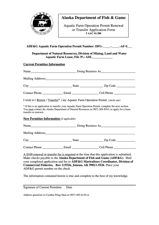 Aquatic Farm Operation Permit Renewal Or Transfer Application Form - Alaska Department Of Fish And Game Printable pdf