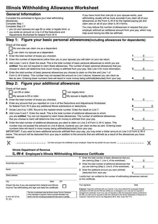 Form Il-W-4 - Illinois Withholding Allowance Worksheet Printable pdf