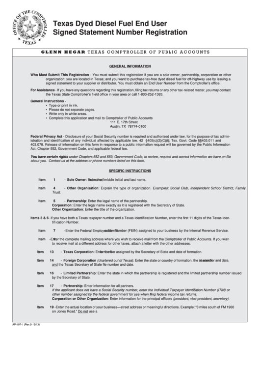 Fillable Form Ap-197-3 - Texas Dyed Diesel Fuel End User Signed Statement Number Registration Printable pdf