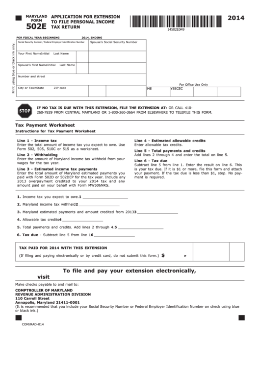 Fillable Maryland Form 502e - Application For Extension To File Personal Income Tax Return - 2014 Printable pdf