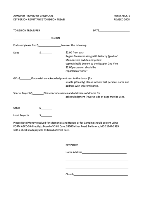 Form Abcc-1 - Key Person Remittance To Region Treasurer Printable pdf