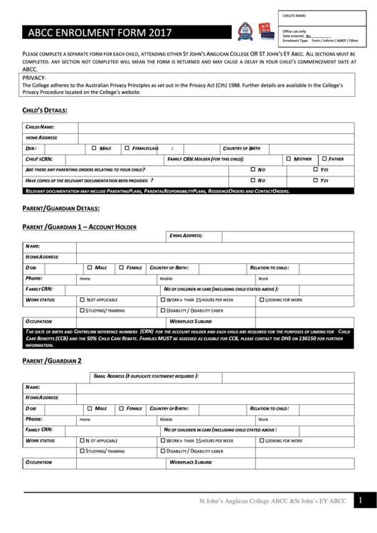 Abcc Enrolment Form - 2017 Printable pdf