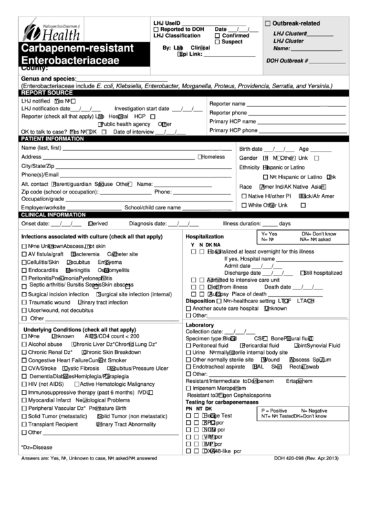 Form Doh 420-098 - Carbapenem-Resistant Enterobacteriaceae Form - Washington State Department Of Health Printable pdf