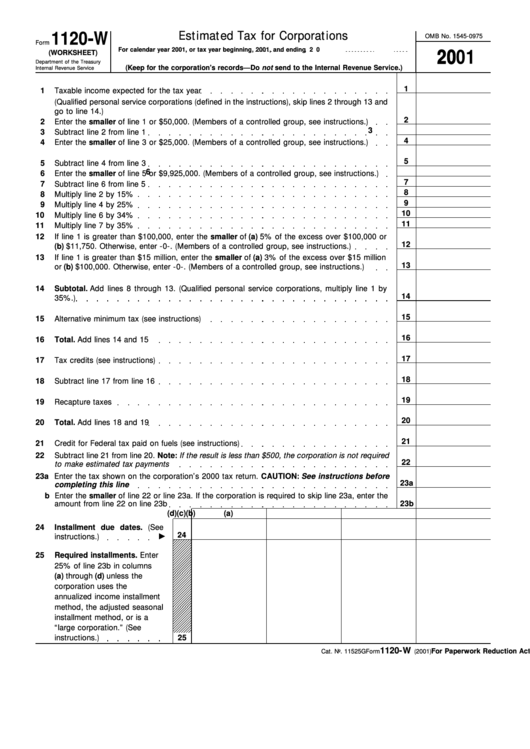 Fillable Form 1120-W (Worksheet) - Estimated Tax For Corporations - Department Of The Treasury - 2001 Printable pdf