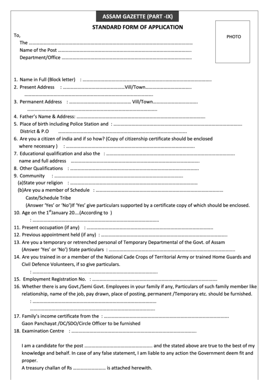 Assam Gazette (Part -Ix) Standard Form Of Application Printable pdf