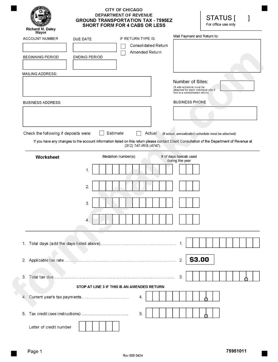 Form 7595ez - Ground Transportation Tax - Short Form For 4 Cabs Or Less