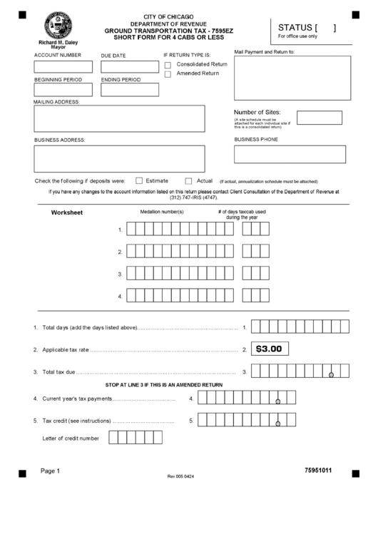 Form 7595ez - Ground Transportation Tax - Short Form For 4 Cabs Or Less Printable pdf