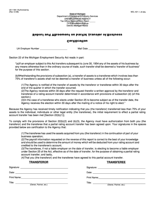 Form Ua 1184-1 - Report And Agreement On Partial Transfer Of Business - Certification Printable pdf
