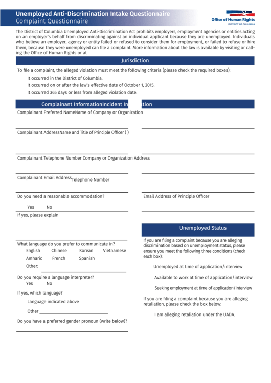 Fillable Unemployed Anti-Discrimination Intake Questionnaire - Office Of Human Rights Printable pdf