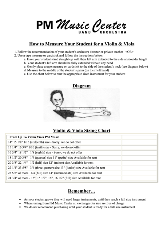 Pm Music Center - How To Measure Your Student For A Violin & Viola Size Chart Printable pdf