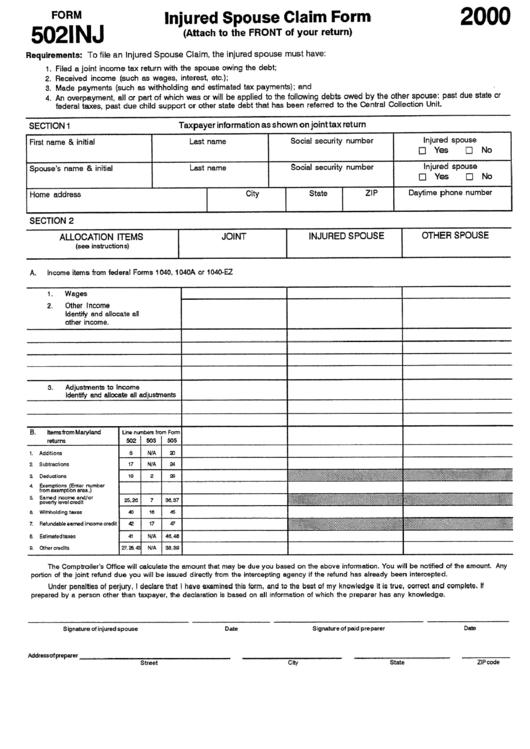 Form 502inj - Injured Spouse Claim Form Printable pdf