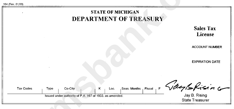 Form 164 - Sales Tax License - State Of Michigan Department Of Treasury Forms - 2003