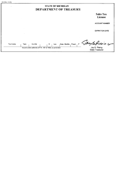 Form 164 - Sales Tax License - State Of Michigan Department Of Treasury Forms - 2003 Printable pdf