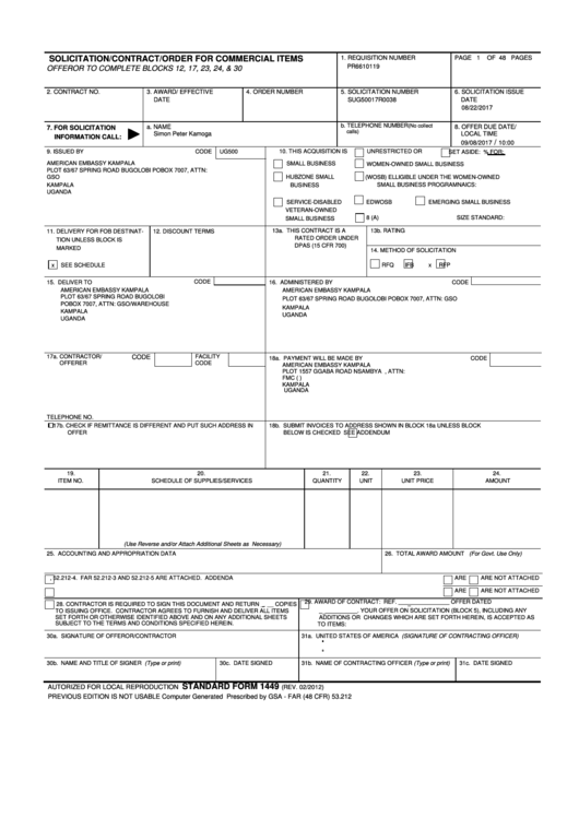 Form 1449 - Solicitation/contract/order For Commercial Items Printable pdf