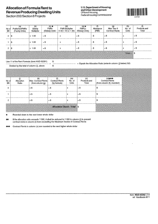 Fillable Form Hud-92282 - Allocation Of Formula Rent To Revenue Producing Dwelling Units - U.s. Department Of Housing And Urban Development Printable pdf