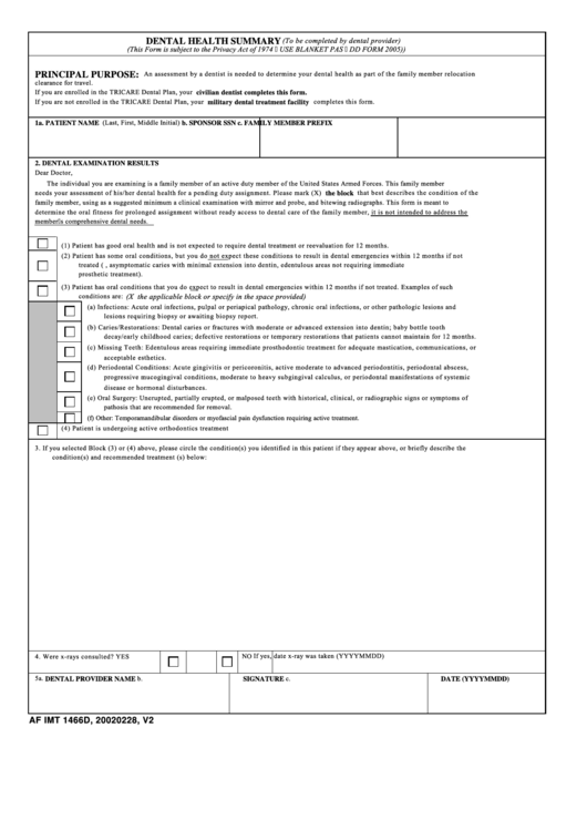 Form Af Imt 1466d - Dental Health Summary Printable pdf