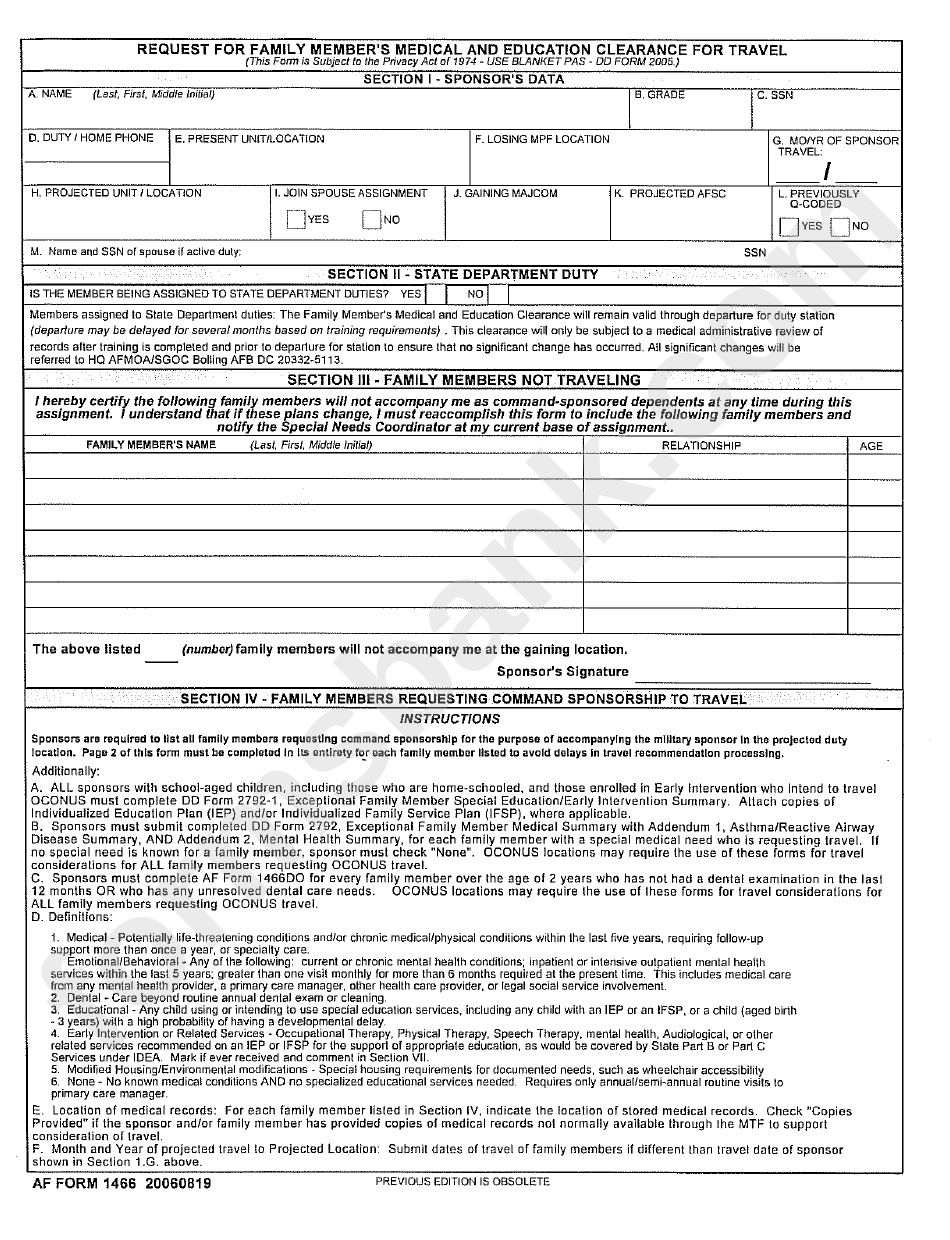 Form Af 1466 - Request For Family Member