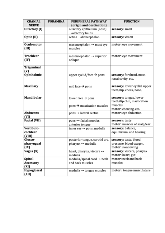 Cranial Nerve Reference Chart Printable Pdf Download