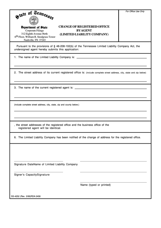 Form Ss-4252 - Change Of Registered Office By Agent (Limited Liability Company) Printable pdf