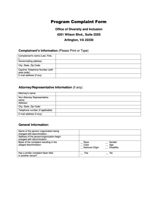 Program Complaint Form - Office Of Diversity And Inclusion Printable pdf